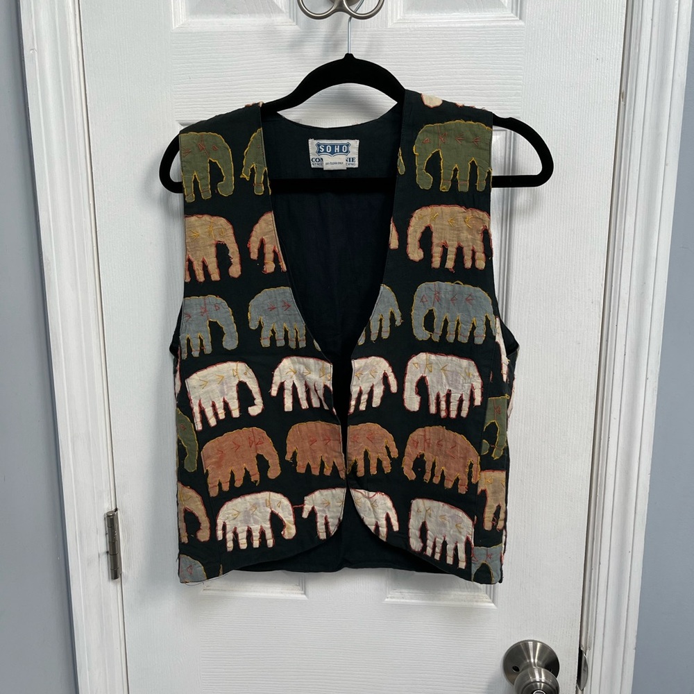 VTG Soho Compagnie Elephant Applique Sleeveless Vest Boho Artsy 90s Langenlook S